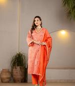  orange leheriya print cotton straight suit set