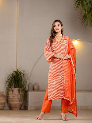  orange leheriya print cotton straight suit set 2