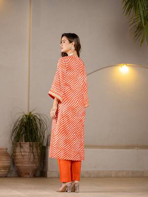  orange leheriya print cotton straight suit set 3