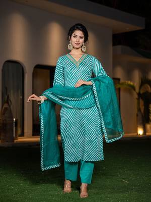  teal green leheriya print cotton straight suit set 1