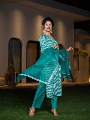  teal green leheriya print cotton straight suit set 2