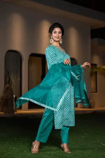  teal green leheriya print cotton straight suit set