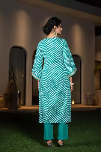  teal green leheriya print cotton straight suit set