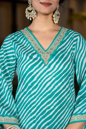  teal green leheriya print cotton straight suit set