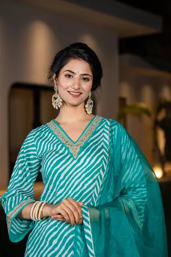  teal green leheriya print cotton straight suit set