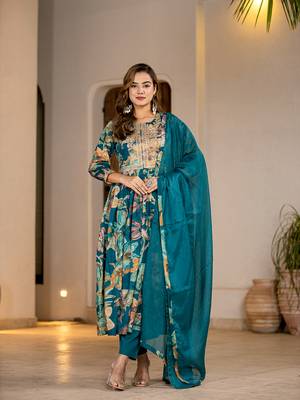  teal blue floral print malmal fit and flare suit set 1