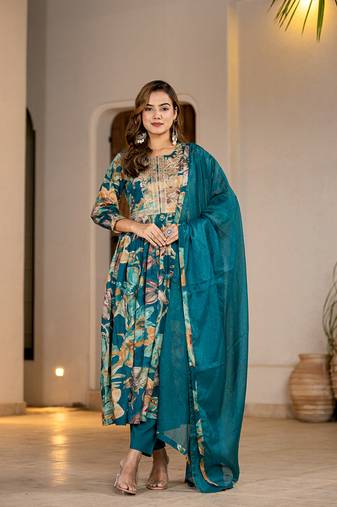 teal blue floral print malmal fit and flare suit set