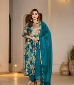  teal blue floral print malmal fit and flare suit set
