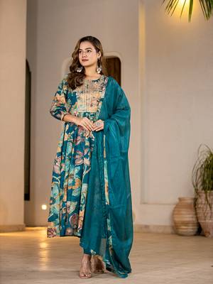  teal blue floral print malmal fit and flare suit set 2