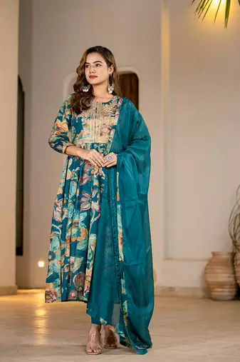  teal blue floral print malmal fit and flare suit set