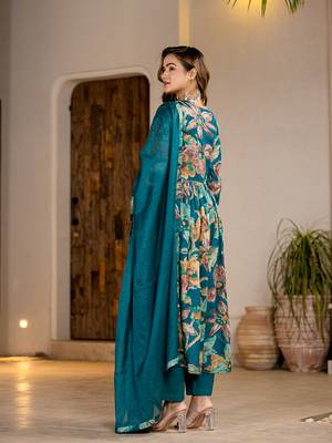  teal blue floral print malmal fit and flare suit set 3