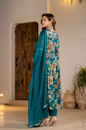  teal blue floral print malmal fit and flare suit set