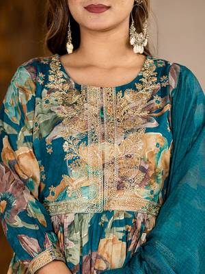  teal blue floral print malmal fit and flare suit set 4