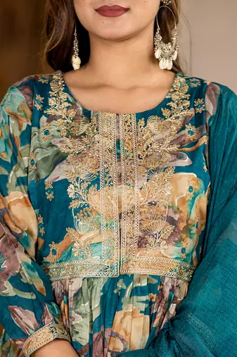  teal blue floral print malmal fit and flare suit set