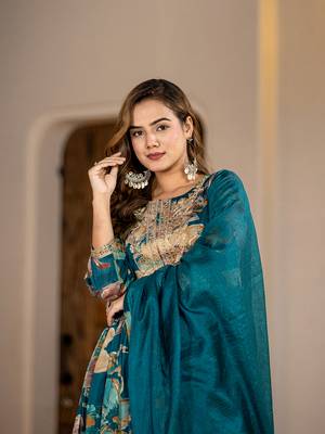  teal blue floral print malmal fit and flare suit set 5