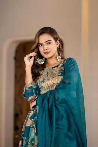  teal blue floral print malmal fit and flare suit set