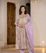  purple floral print malmal fit and flare suit set