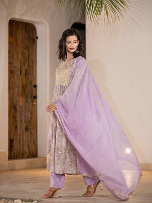  purple floral print malmal fit and flare suit set 2