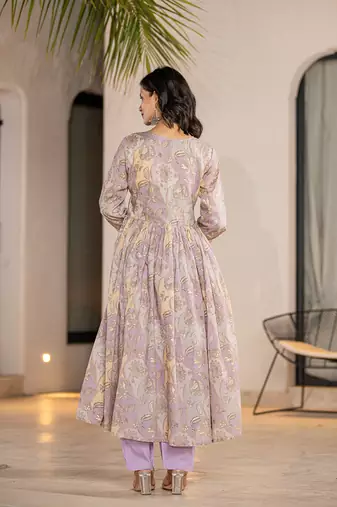  purple floral print malmal fit and flare suit set