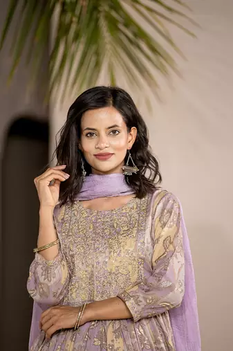  purple floral print malmal fit and flare suit set