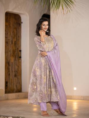  purple floral print malmal fit and flare suit set 5
