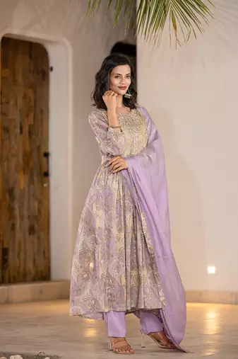  purple floral print malmal fit and flare suit set