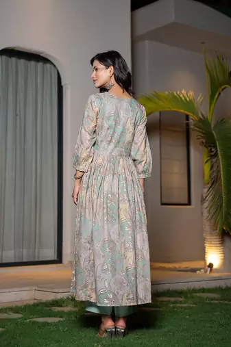  sea green floral print malmal fit and flare suit set