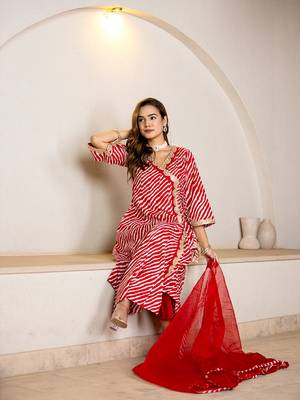 Yufta cotton leheriya red kurta dupatta pant set 3