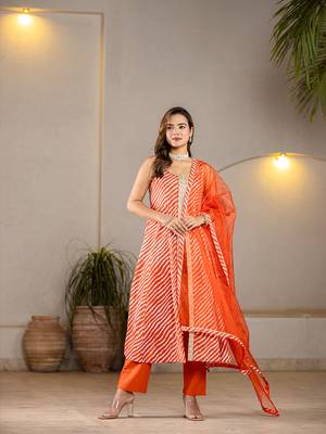  cotton leheriya orange kurta dupatta set 1