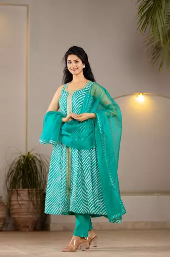  cotton leheriya kurta dupatta pant set