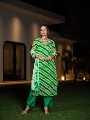  green leheriya print poly georgette straight suit set 1