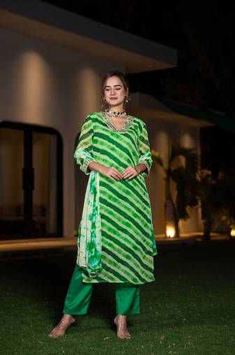  green leheriya print poly georgette straight suit set
