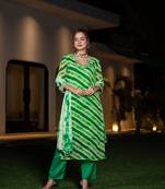  green leheriya print poly georgette straight suit set