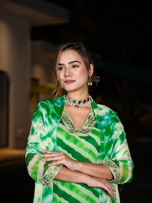  green leheriya print poly georgette straight suit set 4