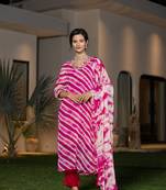  pink leheriya print poly georgette straight suit set