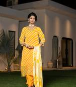  yellow leheriya print poly georgette straight suit set