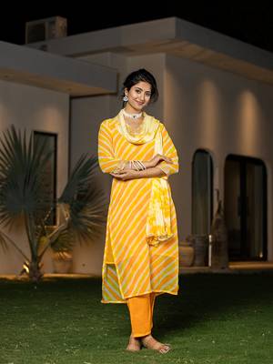  yellow leheriya print poly georgette straight suit set 2