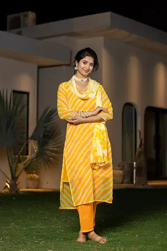  yellow leheriya print poly georgette straight suit set
