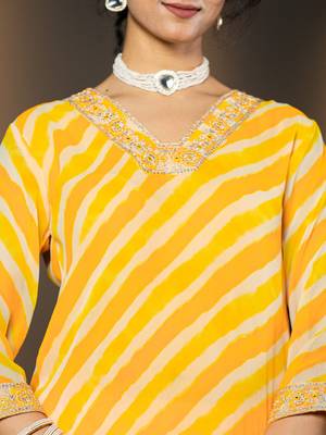  yellow leheriya print poly georgette straight suit set 4