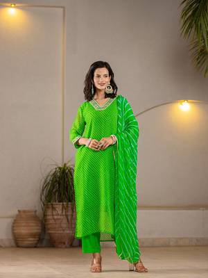  green georgette lehriya kurta duptta set 1
