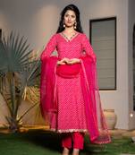  pink leheriya print cotton a-line suit set