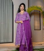  purple leheriya print cotton a-line suit set