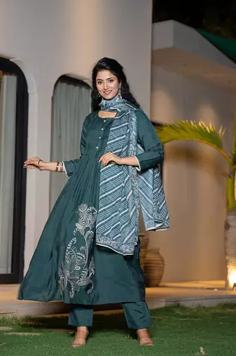  teal blue embroidered a-line suit set