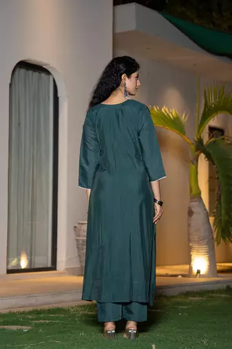  teal blue embroidered a-line suit set