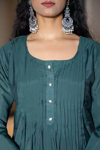  teal blue embroidered a-line suit set