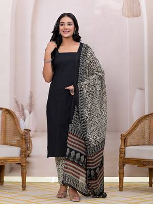  black & beige pure cotton straight kurta dupatta set 1