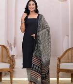  black & beige pure cotton straight kurta dupatta set