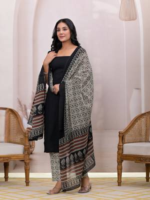  black & beige pure cotton straight kurta dupatta set 2