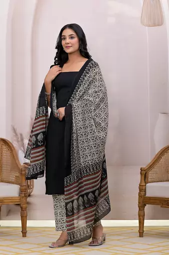  black & beige pure cotton straight kurta dupatta set