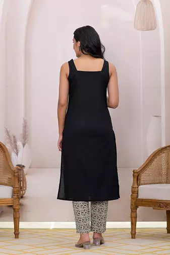  black & beige pure cotton straight kurta dupatta set